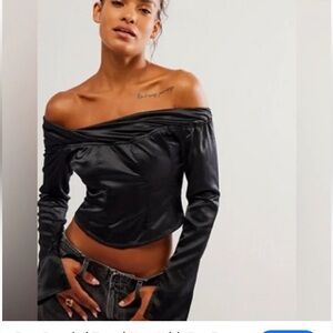 NEW Free People x Revolve Fay Black Satin Off shoulder top sexy party women S XS